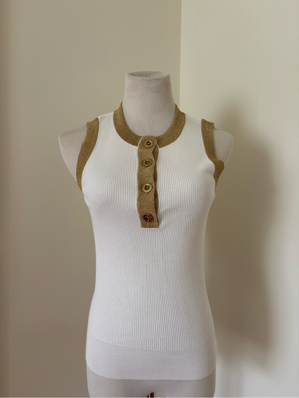 Dolce & Gabbana White Ribbed Tank with Gold Trim